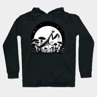 Monochromatic Praying Mantis in Mushroom Garden Hoodie